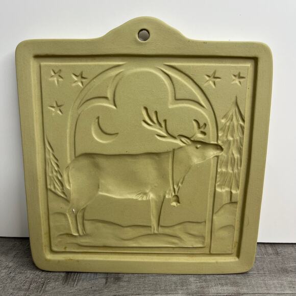 Vintage 1994 Brown Bag Cookie Art 5.5” Square HILL DESIGN Reindeer Ceramic Mold - Picture 1 of 4